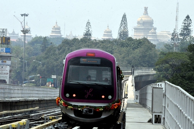 Namma Metro kicked off from Mahatma Gandhi road to Byappanahalli in Bengaluru.(Jagdeesh MV/Hindustan Times via Getty Images)