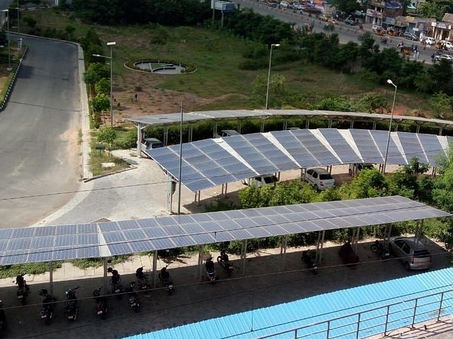 Solar panels atop car parking sheds at Chennai Metro’s administrative office in Koyambedu.