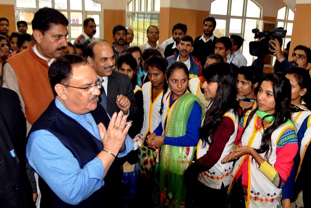 Union Health Minister JP Nadda along with Himachal Pradesh minister for food, civil supplies and consumer affairs Kishan Kapoor and Industries Minister Bikram Thakur during an event to launch MSME Support and Outreach programme on November 2, 2018 in Dharamshala, India. (Photo by Shyam Sharma/Hindustan Times via Getty Images)