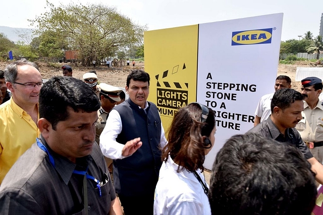 Maharashtra CM Devendra Fadnavis at the groundbreaking ceremony in Navi Mumbai. (Bachchan Kumar/Hindustan Times via Getty Images)