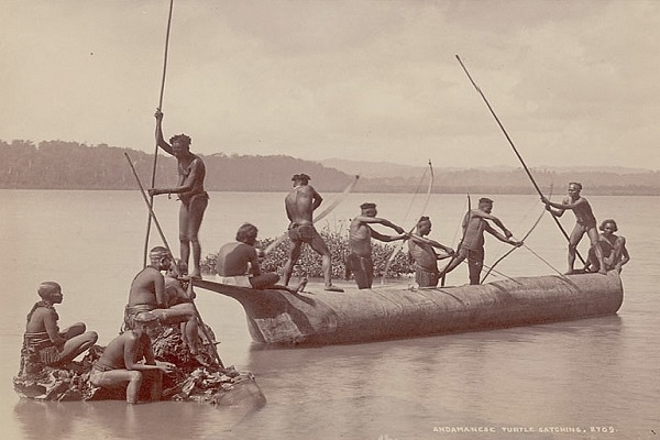 Andaman tribals hunting turtles in the 19th century. (Bourne and Shepherd for the Smithsonian Institution via Wikipedia)