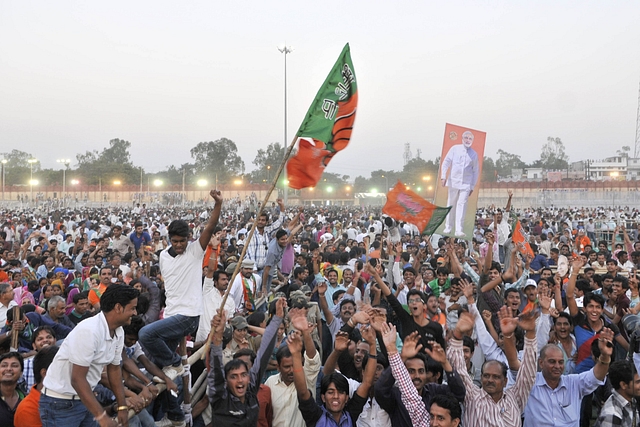  BJP supporters and workers gathered during the BJP Janjaati Morcha Sammelan rally at Maharana Bhupal Stadium on October 27, 2013 in Udaipur (Himanshu Vyas/Hindustan Times via Getty Images)