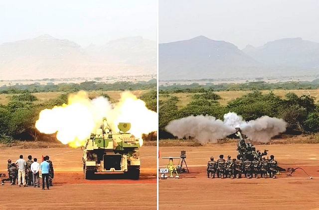 K9 Vajra (left) and M777 (right) artillery guns to be inducted by the army today. (@rahulsinghx/Twitter)&nbsp;