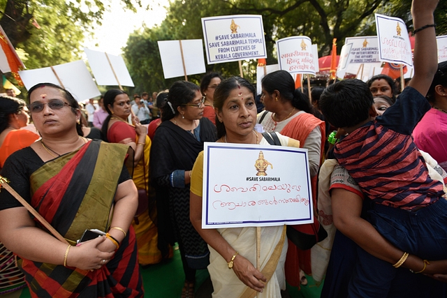 Members of Sabarimala Ayyappa Seva Samajam take part in a protest against the Supreme Court verdict. (Biplov Bhuyan/Hindustan Times via Getty Images)&nbsp;