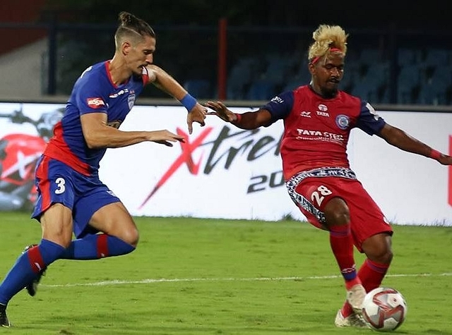 Gourav Mukhi (R) scoring his first goal against Bengaluru FC. ISL claimed by the goal making him the youngest goal scorer in ISL’s history. The AIFF has now found him guilty of age fraud.( photo via official Indian Super League Facebook page)