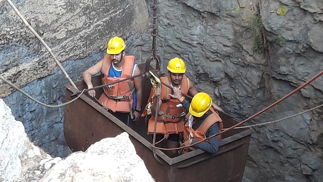 National Disaster Response Force (NDRF) team at the coal mine in Meghalaya’s East Jaintia Hills where 15 labourers are trapped. (image via ANI on Twitter)