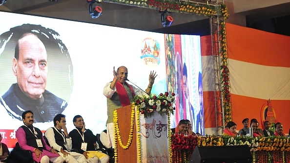 Rajnath Singh addressed the audience during the Yuva Kumbh. (Photo by Deepak Gupta/Hindustan Times via Getty Images)