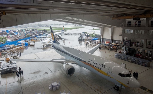 Jet Airways displaying India’s first Boeing 737 Max aircraft at Jet Airways Hangar. (Satyabrata Tripathy/Hindustan Times via Getty Images)