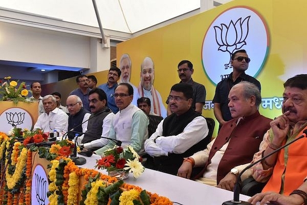 Shivraj Singh Chouhan and Narendra Singh Tomar among other BJP leaders in Bhopal, Madhya Pradesh. (Mujeeb Faruqui/Hindustan Times via Getty Images)