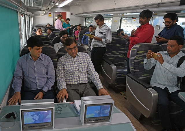 A new Anubhuti coach which has arrived at the Mumbai Central coach depot. (Satyabrata Tripathy/Hindustan Times via Getty Images)