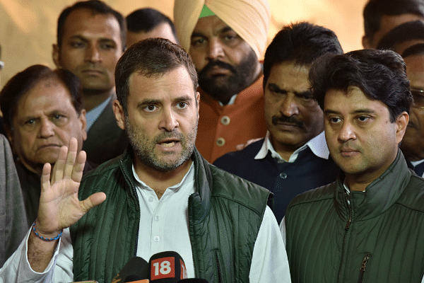 Congress president Rahul Gandhi addresses the media. (Sanjeev Verma/Hindustan Times via Getty Images)