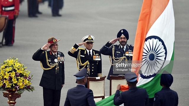 Indian Army Chief Bipin Rawat, Navy Chief Sunil Lanba and Air Force Chief Birender Singh Dhanoa. (Virendra Singh Gosain/Hindustan Times via Getty Images)