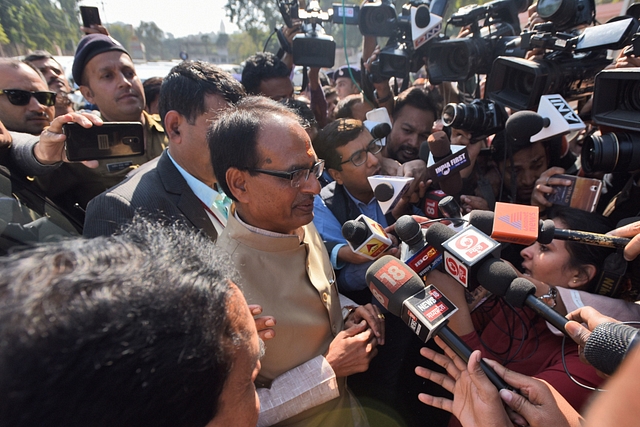 Shivraj Singh Chouhan speaks to media after submitting his resignation to Governor  in Bhopal, India, and said he takes full responsibility for BJP’s ouster from power in the heartland state. (Burhaan Kinu/Hindustan Times via GettyImages)&nbsp;