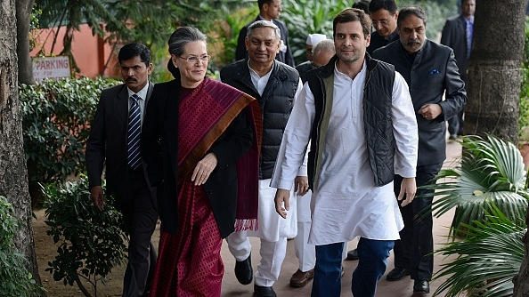 Sonia Gandhi and Rahul Gandhi after a hearing of the National Herald case in New Delhi in 2015. (Pankaj Nangia/India Today Group/Getty Images)