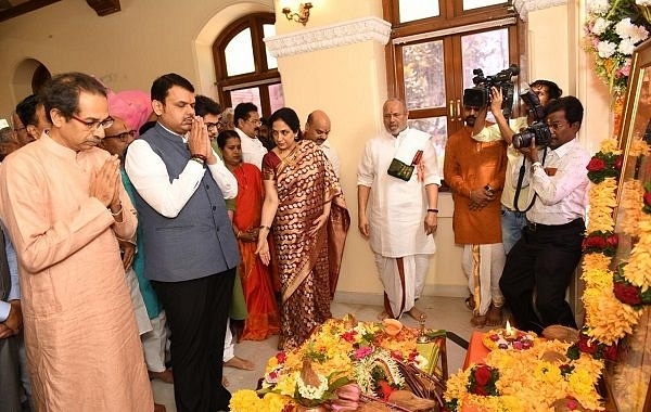 Uddhav Thackeray and Maharashtra CM Devendra Fadnavis at the foundation ceremony for the Balasaheb memorial. (@ShivSena/Twitter)