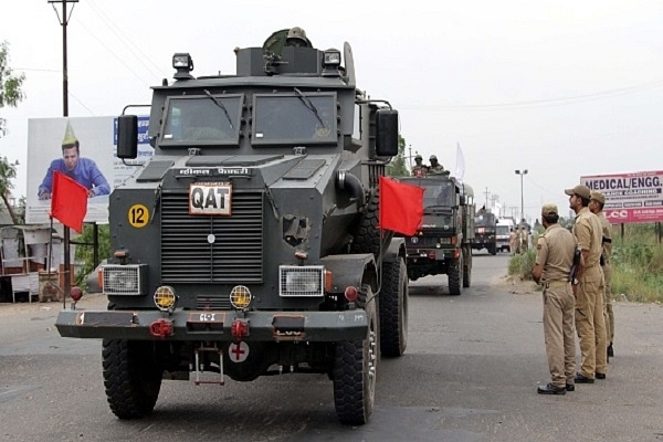 Indian Army troops in armoured vehicles in Jammu. (Photo by Nitin Kanotra/Hindustan Times via Getty Images)