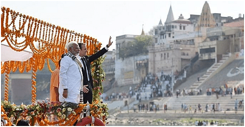 French President Emmanuel Macron took a boat ride on the Ganga along with PM Modi