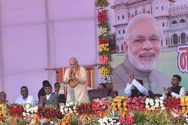 Prime Minister Narendra Modi during the announcement of the bus service from Janakpur to Ayodhya. Image courtesy of twitter.com/bjptarunchugh.