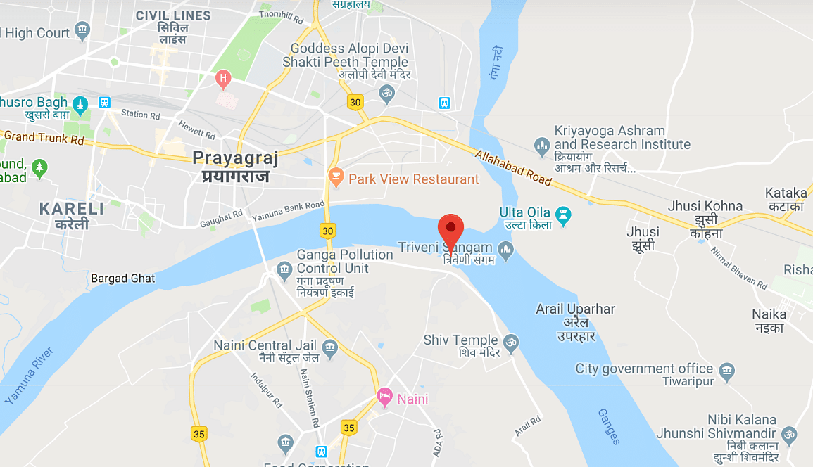 Prayagraj on Google Maps showing Sangam, Naini, and Jhusi areas