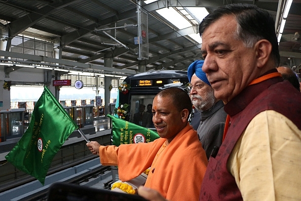 Uttar Pradesh chief minister Yogi Adityanath flags off the Noida metro Aqua line on January 25, 2019 in Noida, India. (Photo by Sunil Ghosh/Hindustan Times via Getty Images)