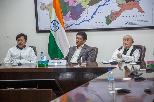 Arunachal Pradesh CM Pema Khandu during an all party meet on Monday (25 February) to restore peace in the northeastern state (@PemaKhanduBJP/Twitter)