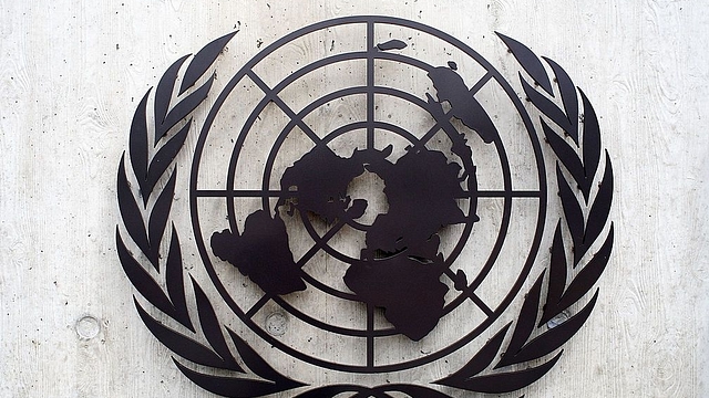 The United Nations emblem at the United Nations Office (UNOG) in Geneva, Switzerland. (Johannes Simon/Getty Images)