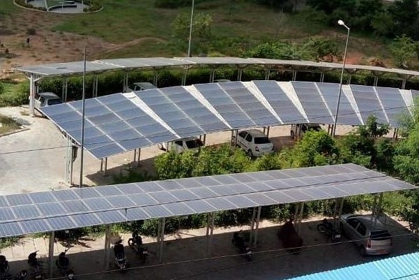 Solar panels atop car parking sheds at Chennai Metro’s administrative office in Koyambedu.