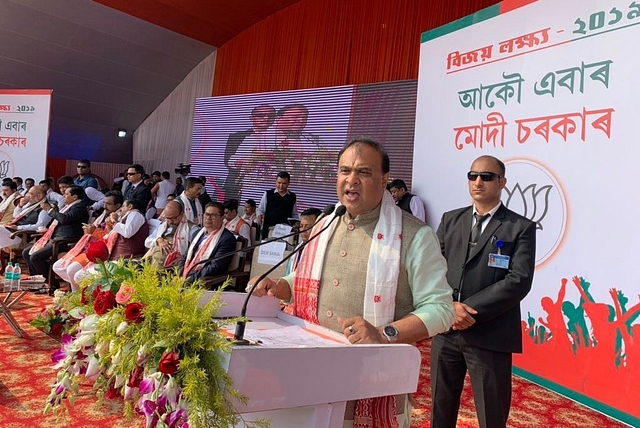 Assam’s Finance Minister Himanta Biswa Sarma addressing a rally at Lakhimpur (@himantabiswasarma/Twitter)