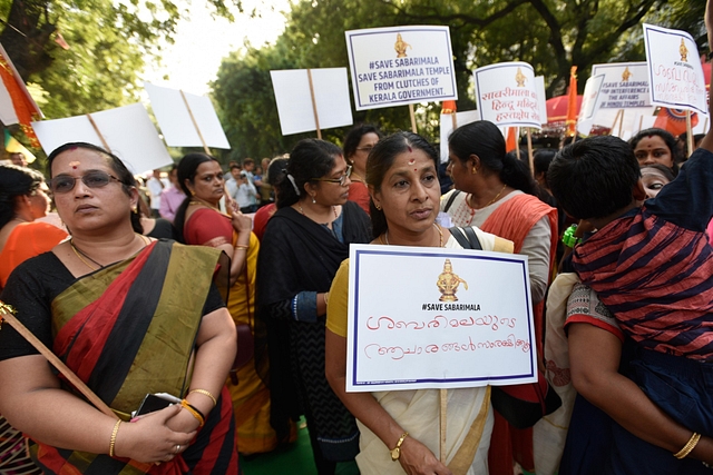 Members of Sabarimala Ayyappa Seva Samajam take part in a protest against the Supreme Court verdict. (Biplov Bhuyan/Hindustan Times via Getty Images)&nbsp;