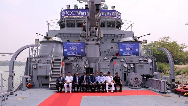 The handover ceremony of the Indian Navy’s latest warship at Kolkata. (Garden Reach Ship Builders and Engineers)