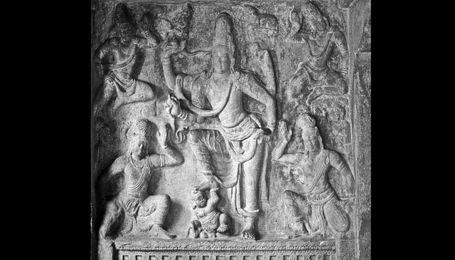 Image of Shiva Gangadhara at the Tiruchirapalli temple, Tamil Nadu, Pallava Dynasty, early seventh century c.e. Photograph by Padma Kaimal 