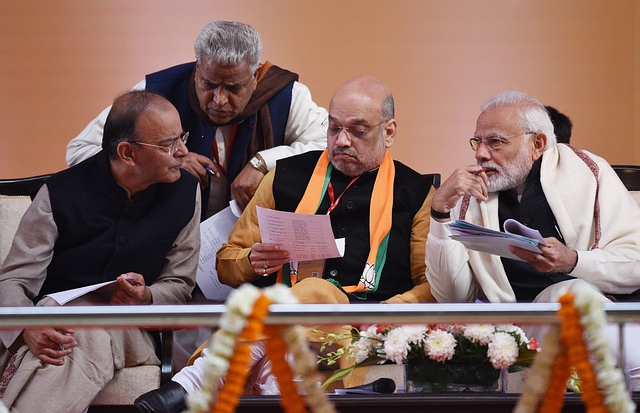 Prime  Minister Narendra Modi, BJP president Amit Shah and Finance Minister  Arun Jaitley at a BJP meeting. (Pankaj Nangia/India Today Group/Getty Images)&nbsp;