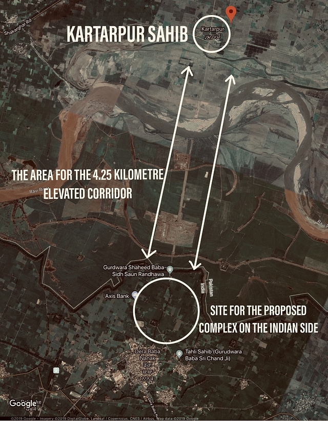 Mapping the location of the Kartarpur Corridor. The white line on the map is the border of India and Pakistan.