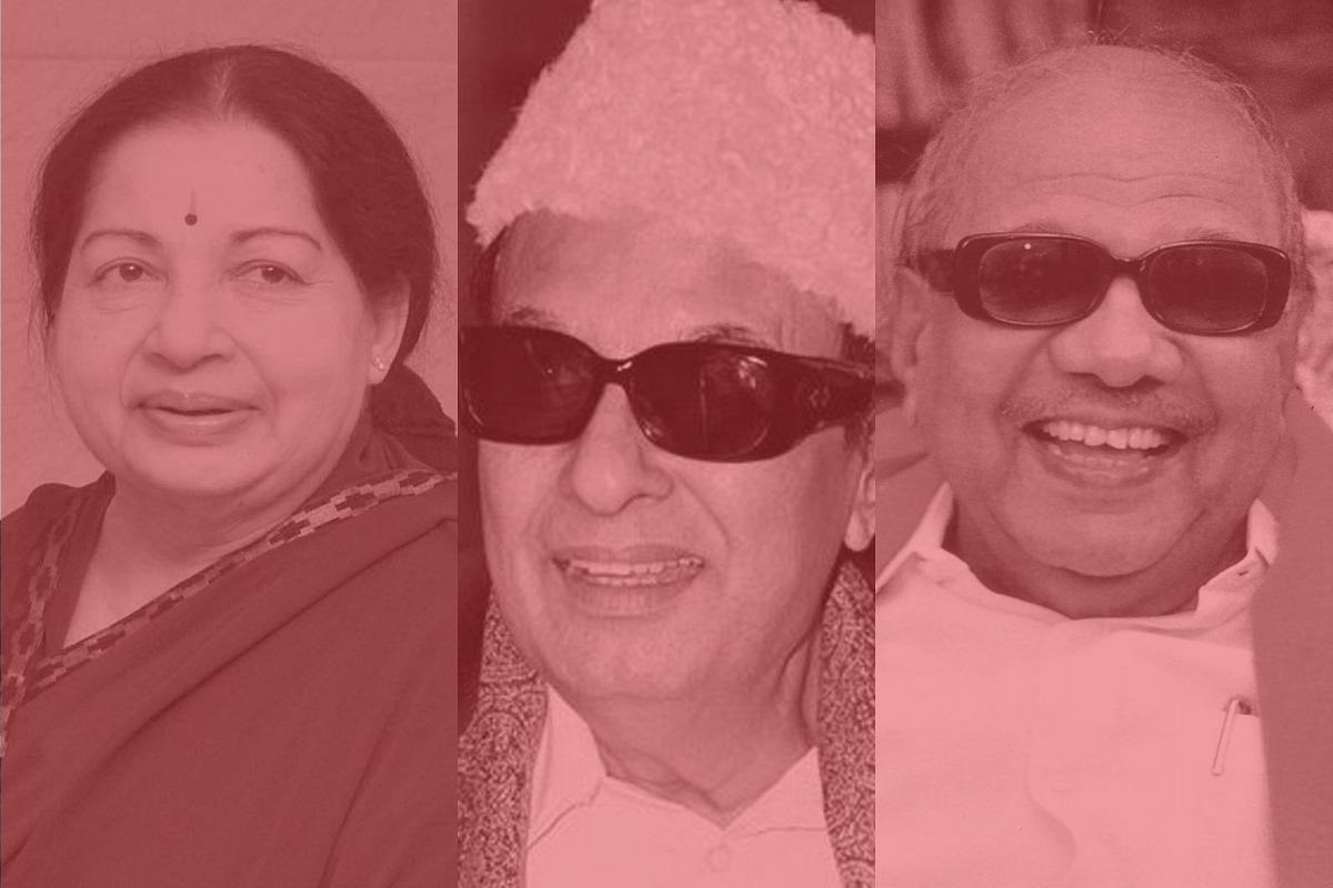 Former Chief Ministers of Tamil Nadu-Jayalalitha, MGR, Karunanidhi (left to right).&nbsp;