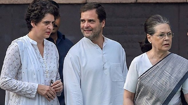 Sonia Gandhi with former Congress president Rahul Gandhi and Priyanka Vadra. (Rediff)