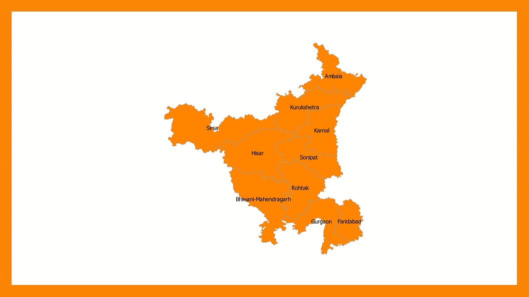 <b>Fig 1:</b> 2019 Lok Sabha election results in Haryana. Seats outlined in grey. Colour code: Orange-BJP&nbsp;