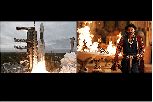 The Chandrayaan-2 (L), Prabhas in and as Baahubali (R). (image via @isro, @BaahubaliMovie/Facebook)