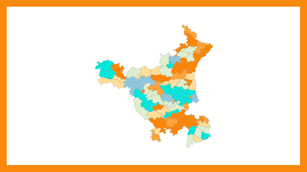 <b>Fig 9:</b> Haryana 2019 Assembly election forecast. Colour code: Darker the Orange, higher the probability of a BJP win; Brighter the Blue, higher the probability of a Congress/non-BJP win.&nbsp;