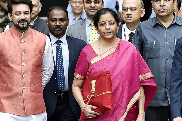 Finance Minister Nirmala Sitharaman outside Parliament before presenting the Budget for 2019-20 (via Twitter).