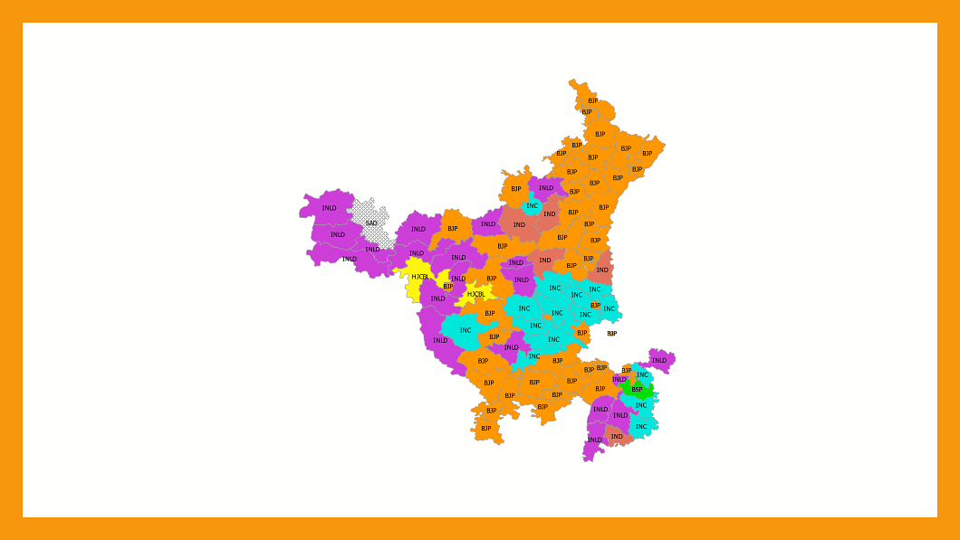 <b>Fig 3:</b> 2014 Assembly election results in Haryana. Colour code: Orange-BJP; Blue-INC; Purple-INLD; Yellow-HJCBL; Green-BSP&nbsp;