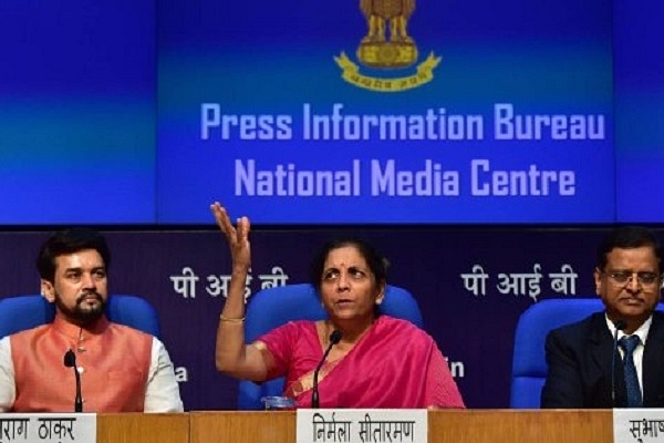 Finance Minister Nirmala Sitharaman addressing a press briefing.&nbsp;