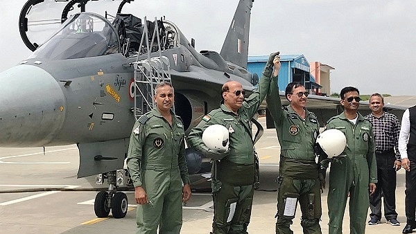 Rajnath Singh after landing the LCA Tejas in September. (representative image)