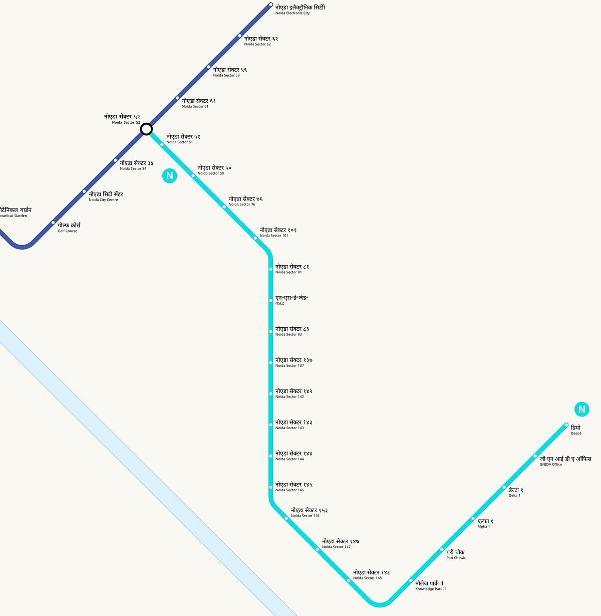 Mapping the Aqua Line. The network starts at Sector 51 in Noida and ends at the Depot Station in Greater Noida. The Blue Line extends to Noida Electronic City, starting from Dwarka (near the Delhi airport).&nbsp;