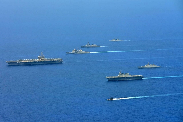 Participants from the three navies during Malabar 2018 (via @ShivAroor/Twitter)