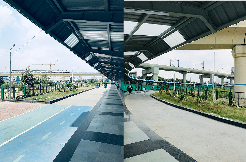 The recently inaugurated walkway between Sector 51 (Aqua Line) and Sector 52 (Blue Line) metro stations. (L): The view from the Sector 51 station. In the picture, one can see e-rickshaws plying over the narrow path. These are free for commuters but their frequency is far less to cater to a heavy commuter inflow from either station. (R): A view from the Sector 52 station.&nbsp;