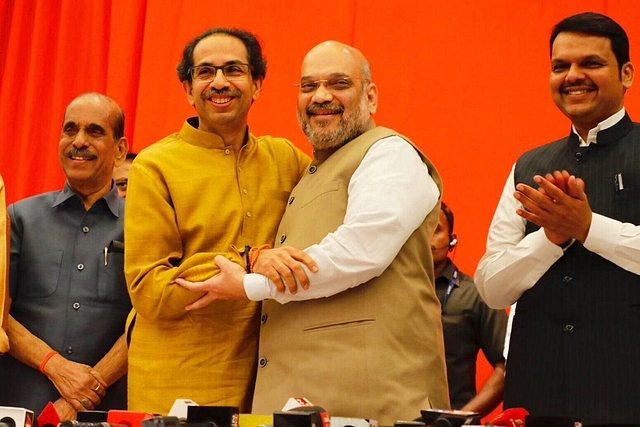 BJP President Amit Shah with Shiv Sena Chief Uddhav Thackeray And Maharashtra CM Devendra Fadnavis (@BJP4India/Twitter)