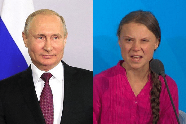 Russian President Vladimir Putin - left, Greta Thunberg - right