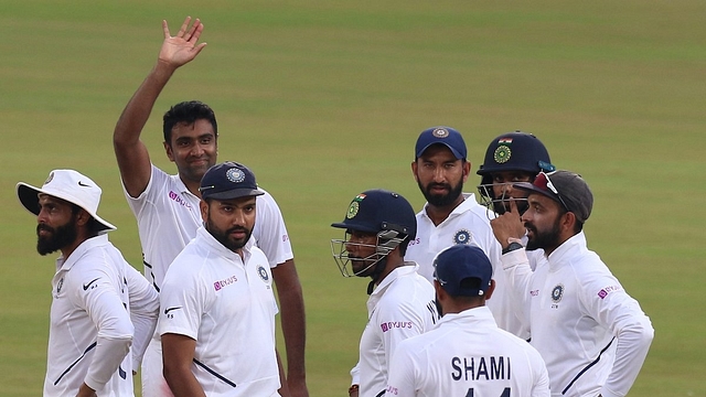 Indian off-spinner Ravichandran Ashwin celebrating with the teammates after a wicket. (Twitter@BCCI)