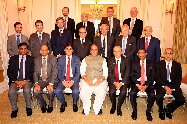 Defence Minister Rajnath Singh with French business leaders. (Pic via Twitter)