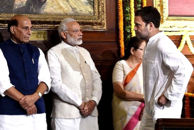 Prime Minister Narendra Modi and Congress vice-president Rahul Gandhi during a floral tribute ceremony on the portrait of Sardar Vallabhbhai Patel.&nbsp;